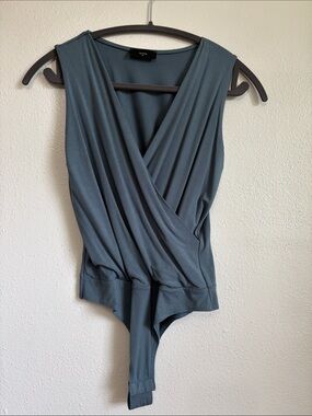 Sleeveless Blue Draped Surplice Bodysuit Small
